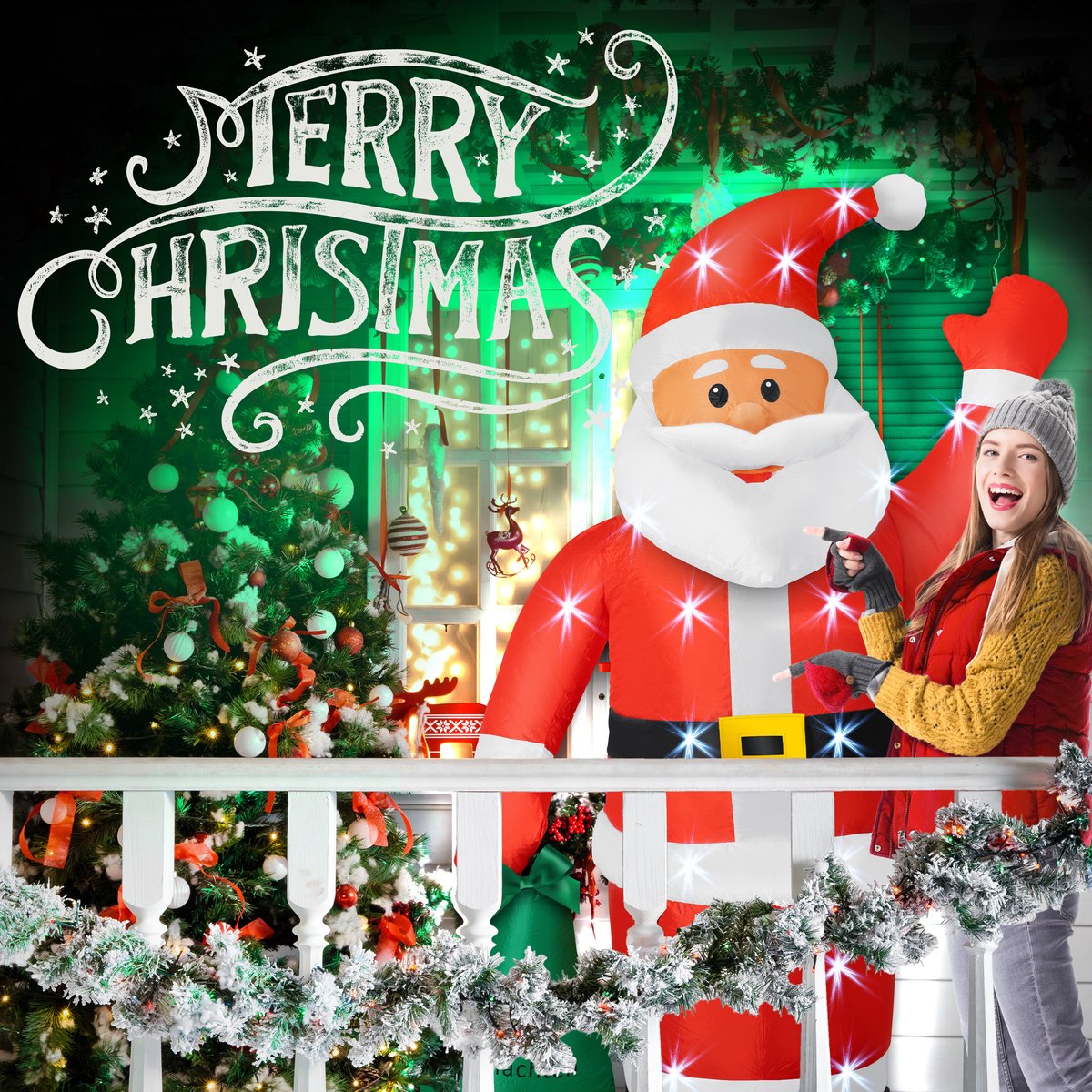 KESSER® XXL Opblaasbare Kerstman LED Verlicht - Kerstverlichting, kerstdecoratie, Kerstversiering, kerstman pop met bevestigingsmateriaal, weerbestendig IP44 - 195cm