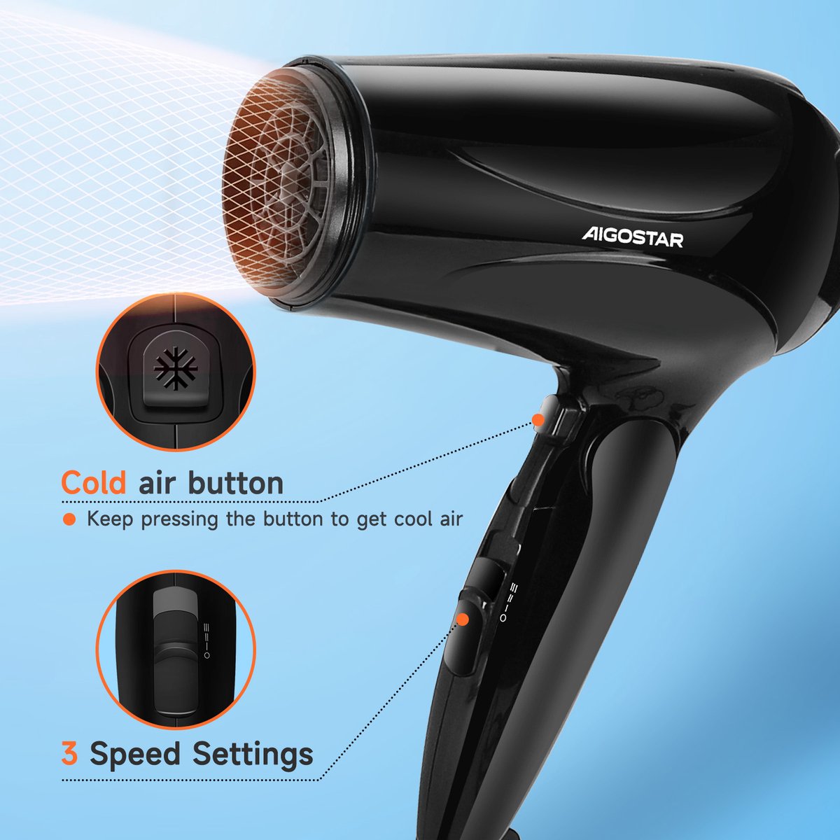 Aigostar Föhn - Compacte haardroger - Ionische fohn - 2400W - Zwart