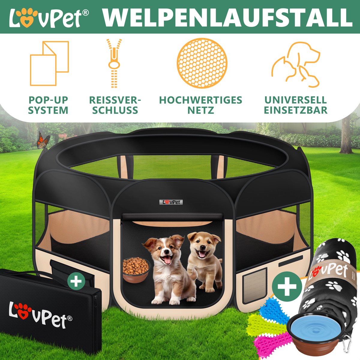 LOVPET® Puppyren voor Kleine Dieren Honden Katten - Opvouwbaar Hondenren inclusief kom en Haringen - Puppy Ren Pop-up Systeem Indoor & Outdoor Konijnenren - Beige