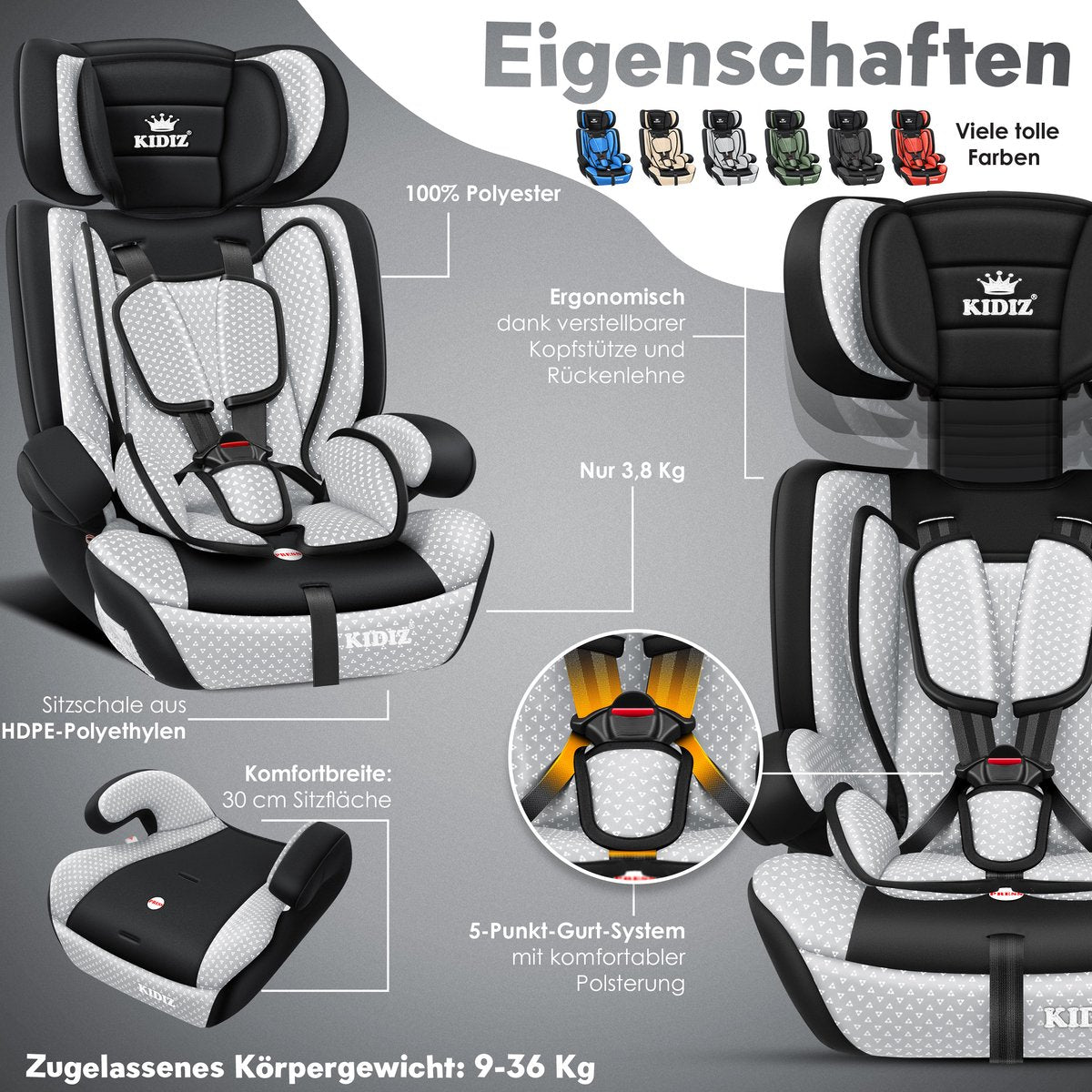 KIDIZ® Autostoeltje - 5-punts veiligheidsgordel - Grijs