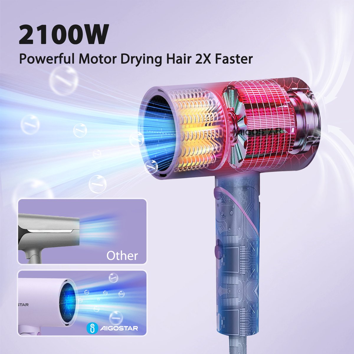 Aigostar Föhn - Haardroger - Reisföhn - Coolshot Functie - 2100W - Paars