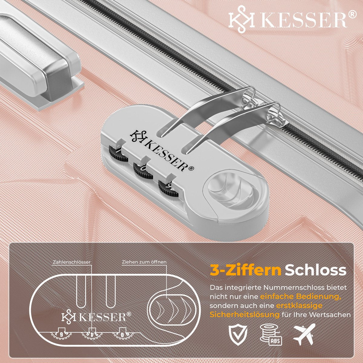 KESSER® Kofferset 3-delig | Reiskoffer met Wielen inclusief Paspoorthouder & kofferweegschaal & bagagelabel | Trolley Reiskofferset met groote Koffers & Handbagage / Ruimbagage - Nude Grey