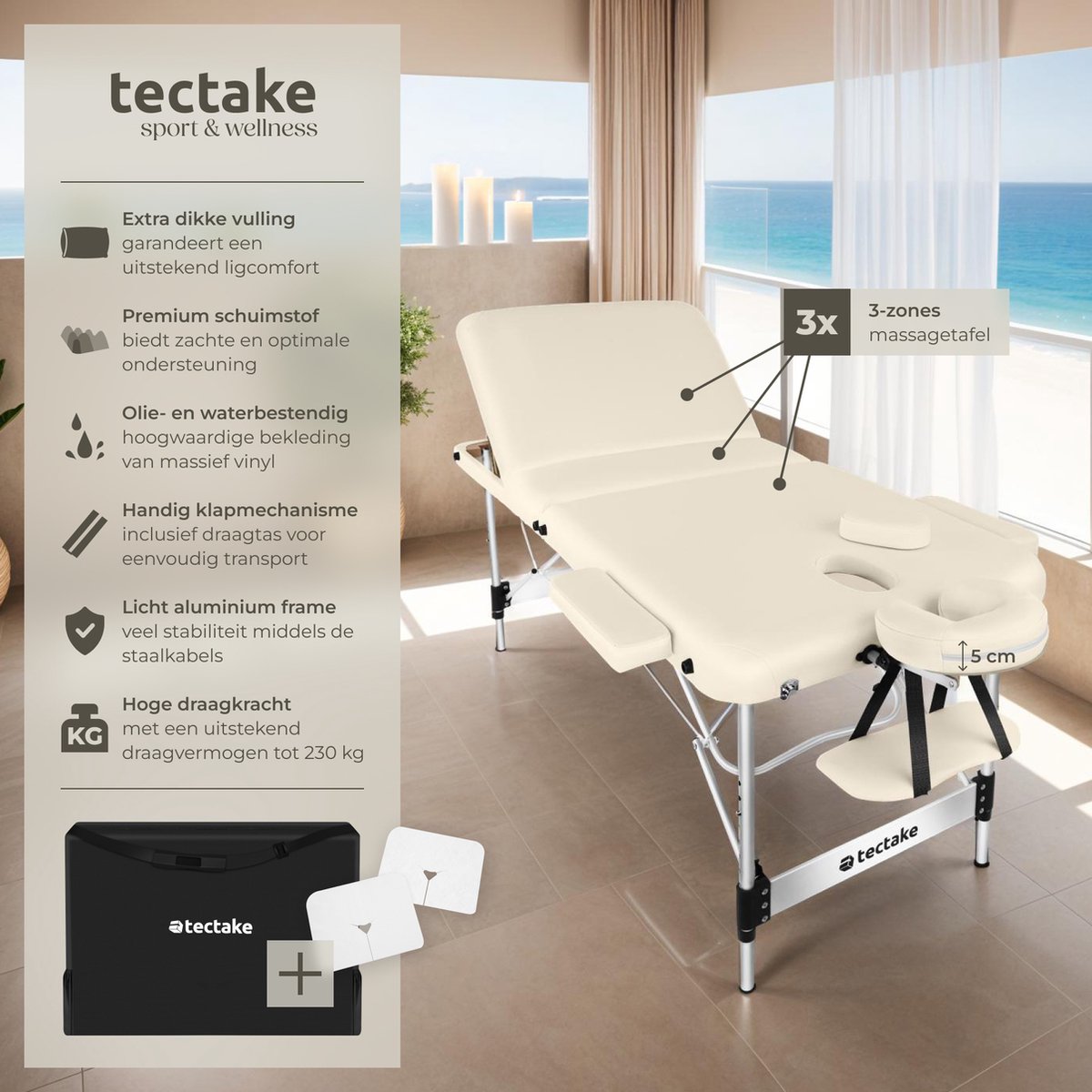 tectake® 3-Zones Massagetafel – 78cm Breed – Behandelbank met 5cm Dikke Vulling en Aluminium Frame – Inclusief 15 Hoofdsteundoekjes en Draagtas – Max Draagvermogen 230kg – Beige