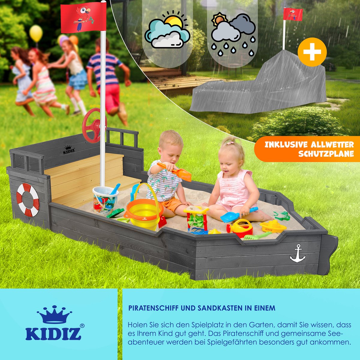 KIDIZ® Zandbak piratendesign - Met bankje - Antraciet