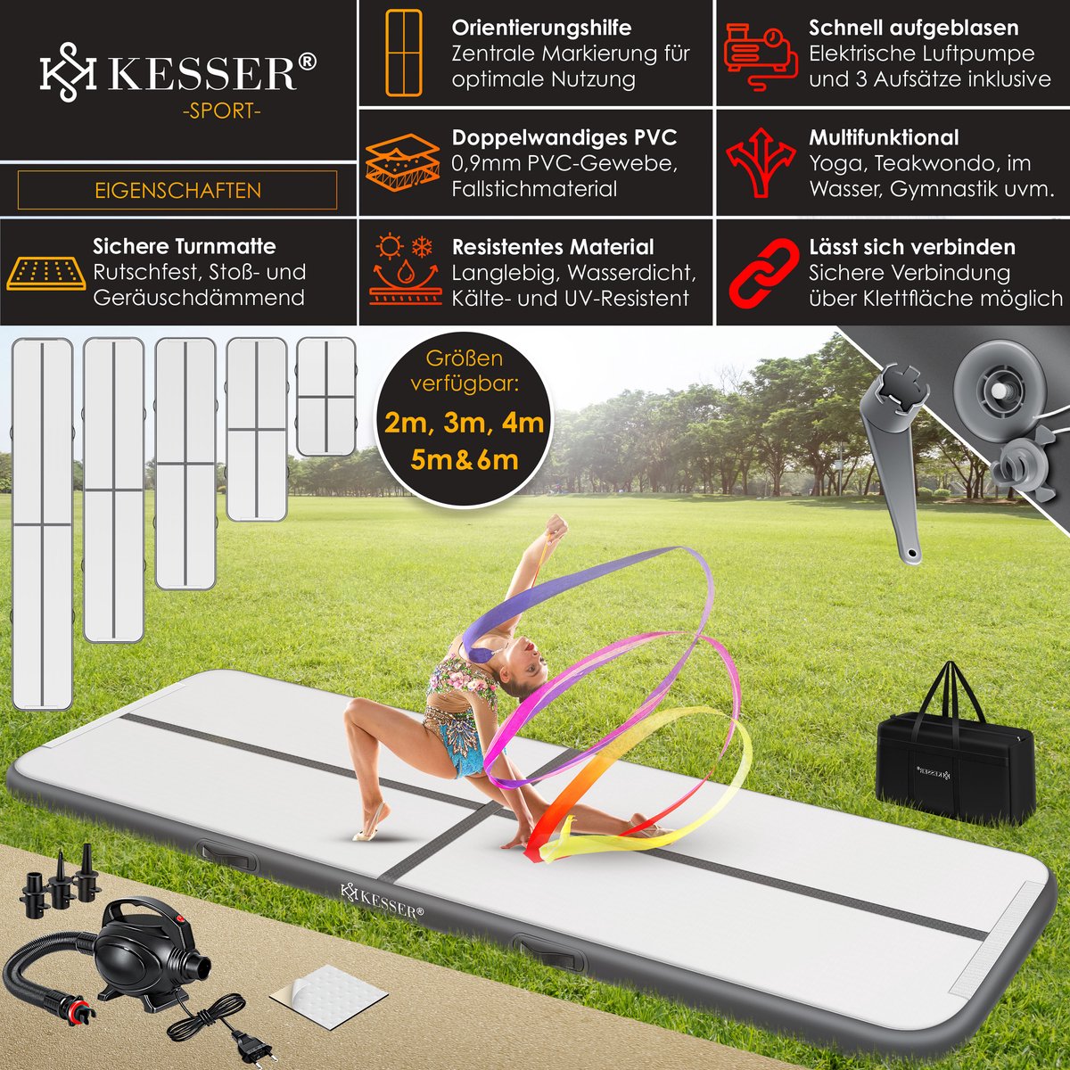 KESSER® Gymnastiekmat - Airtrack - Turnmat - 4M - Antraciet
