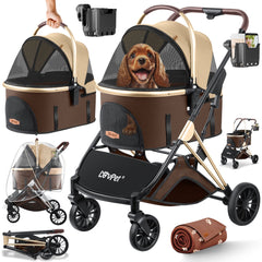 LOVPET® Hondenbuggy 3-in-1 - Opvouwbare Hondenwagen - Bruin/Champagne - 32kg