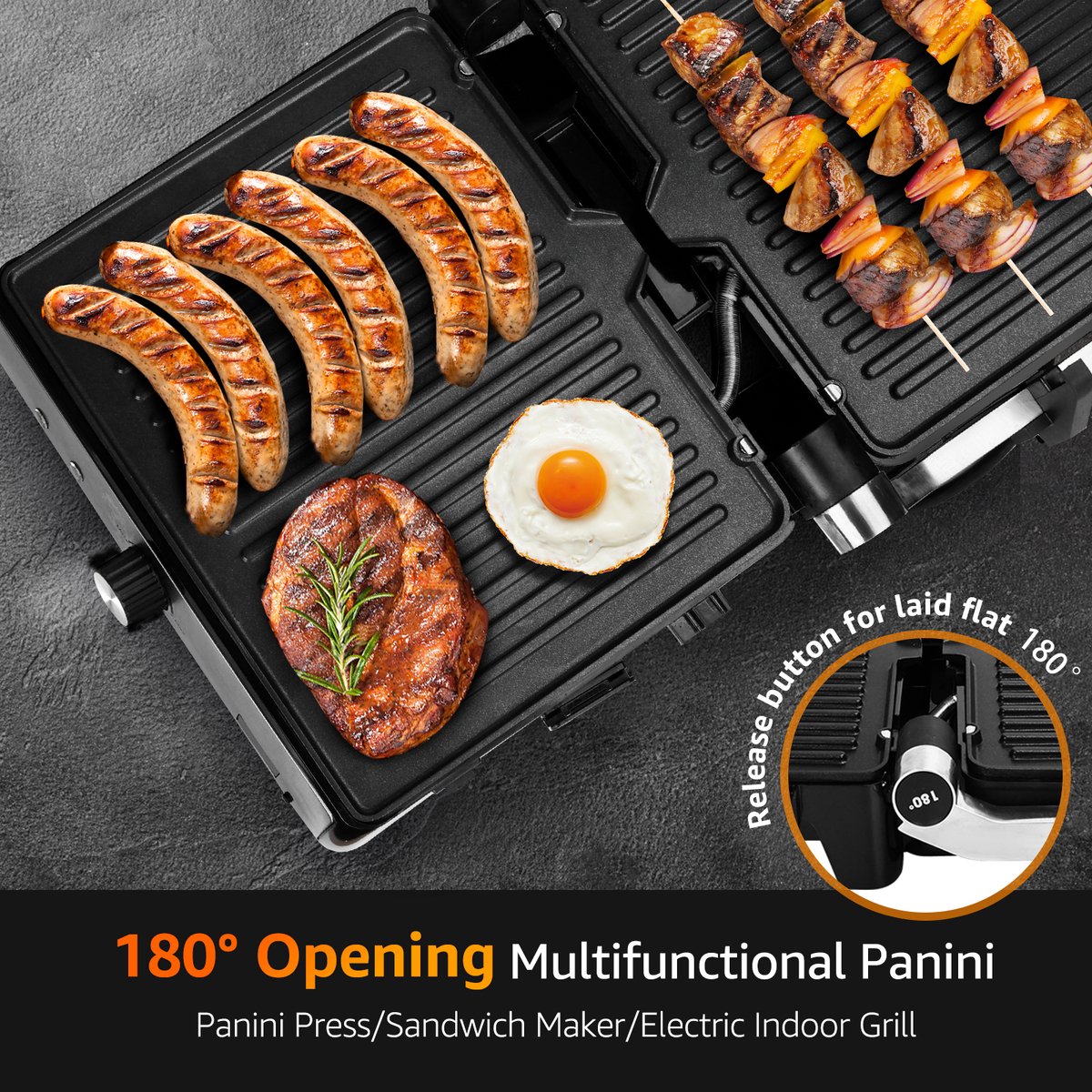 Aigostar Contactgrill - Panini Grill - Antiaanbaklaag - 2000W - Grijs