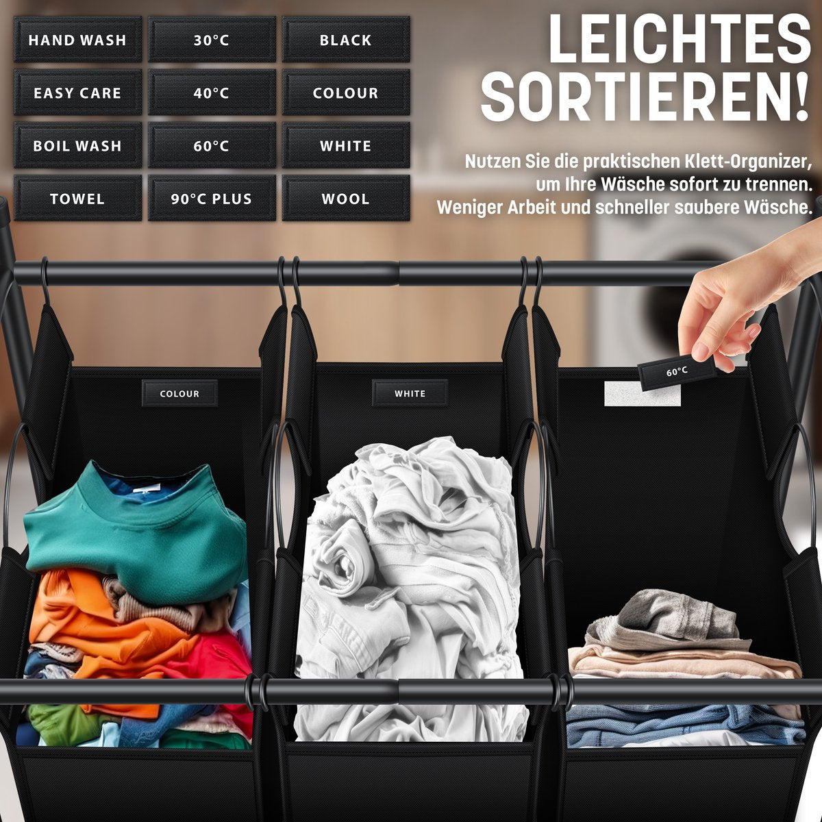 KESSER® Wasmand op Wieltjes met 3 Uitneembare Vakken - Wassorteerder Waszak - Zwart