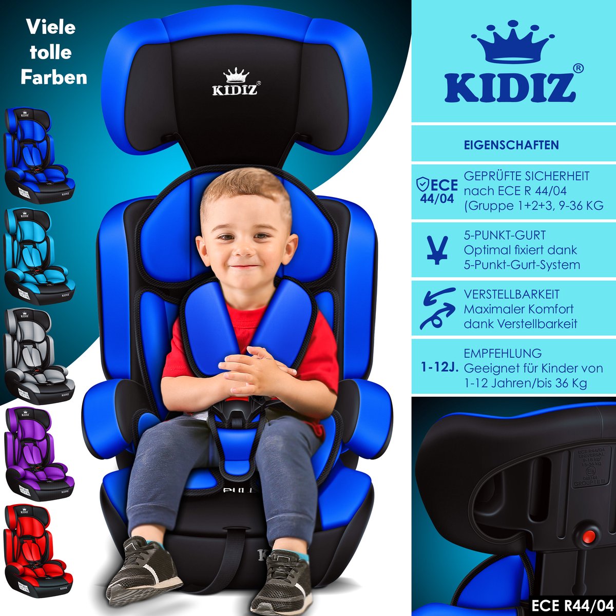 KIDIZ® Autostoeltje - 5-punts veiligheidsgordel - Blauw