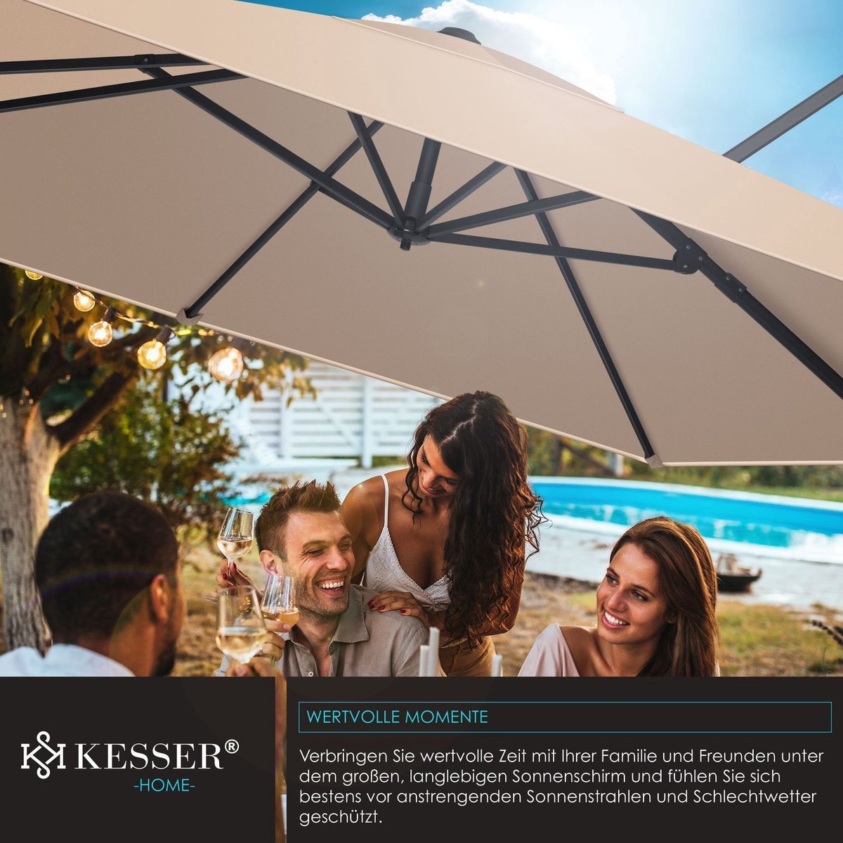 KESSER® Parasol Zwenkparasol SUN XL 300 x 300 cm incl. hoes + windbescherming draaibaar kantelbaar marktparasol groot 360° draaibaar tuinparasol met zwengel zonwering UV50+