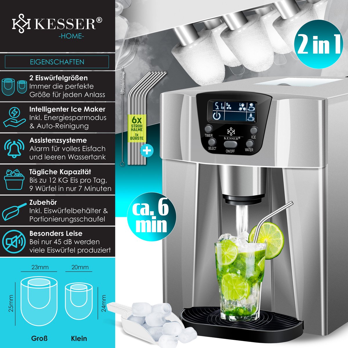 IJsblokjesmachine – 12kg/24 uur – IJsmachine - IJsblokjesmaker - Grijs - KESSER®