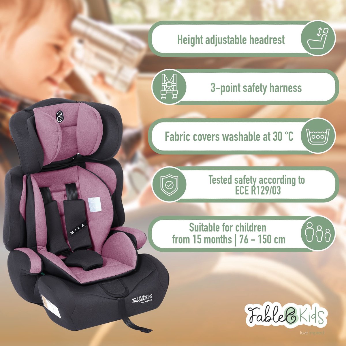 FableKids Kinderautostoel MIKA ECE 3-punts veiligheidsgordel hoogte verstelbaar
