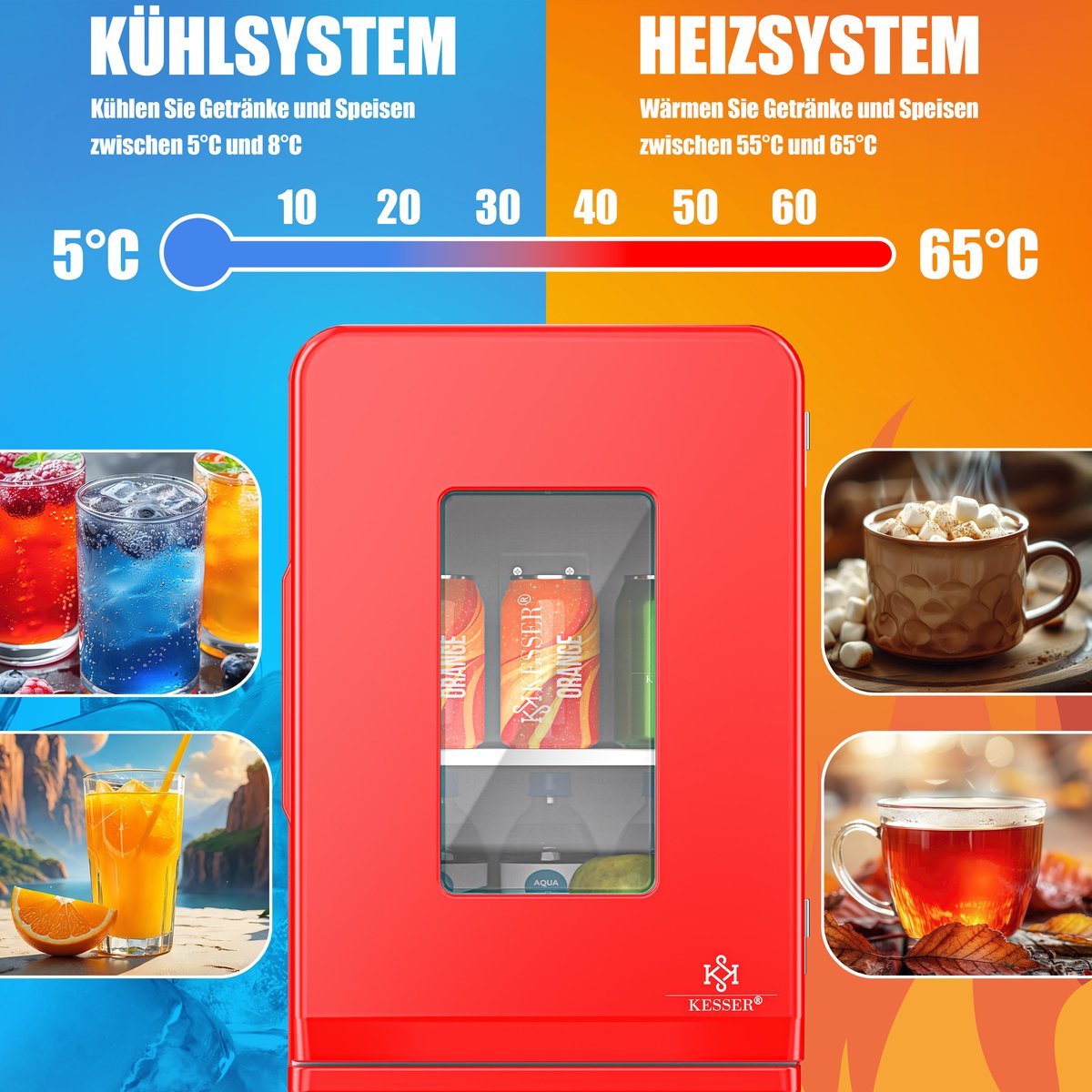KESSER® Tafelmodel Koelkast 15 Liter AC DC 220-240V en 12V - Mini Koelkast Vrijstaand met Verwarmingsfunctie - Koelbox ideaal voor Auto en camperen - Rood