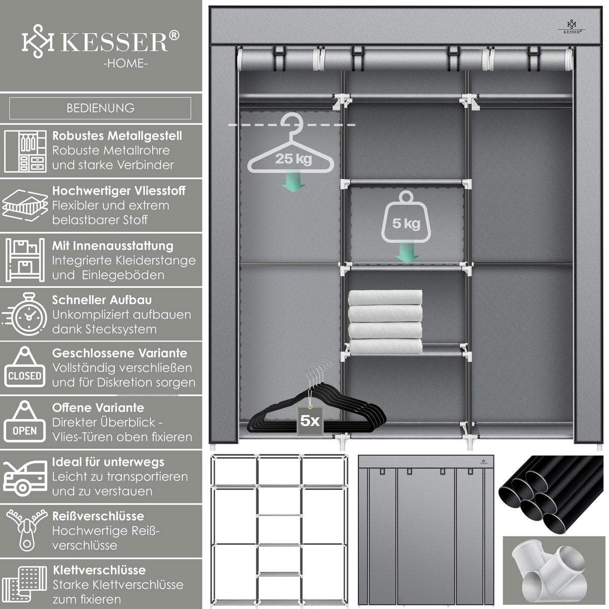 KESSER® Kledingkast in Stof en Metaal 150x45x175cm - opvouwbaare Garderobekast Stabiel met Kledingstang & Planken, Inclusief 5x Kledinghangers Kleerkast - Legplank Kast voor Slaapkamer met Kledingrek - Grijs