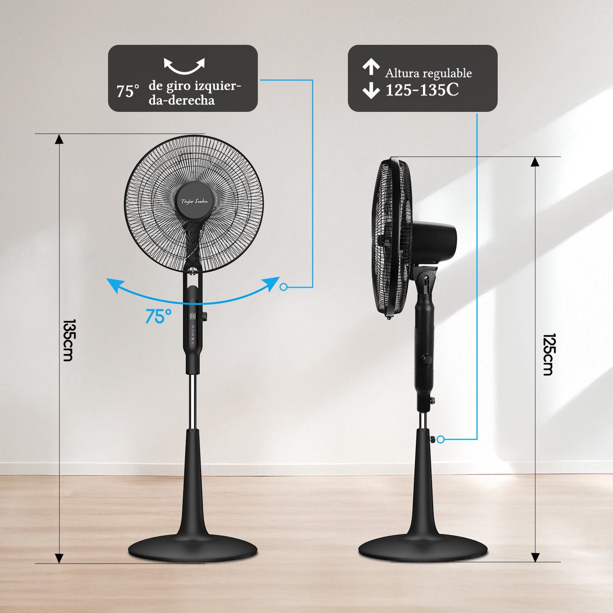 Taylow Swoden Statiefventilator - Ventilator Staand - Verstelbaar - 40W - Zwart