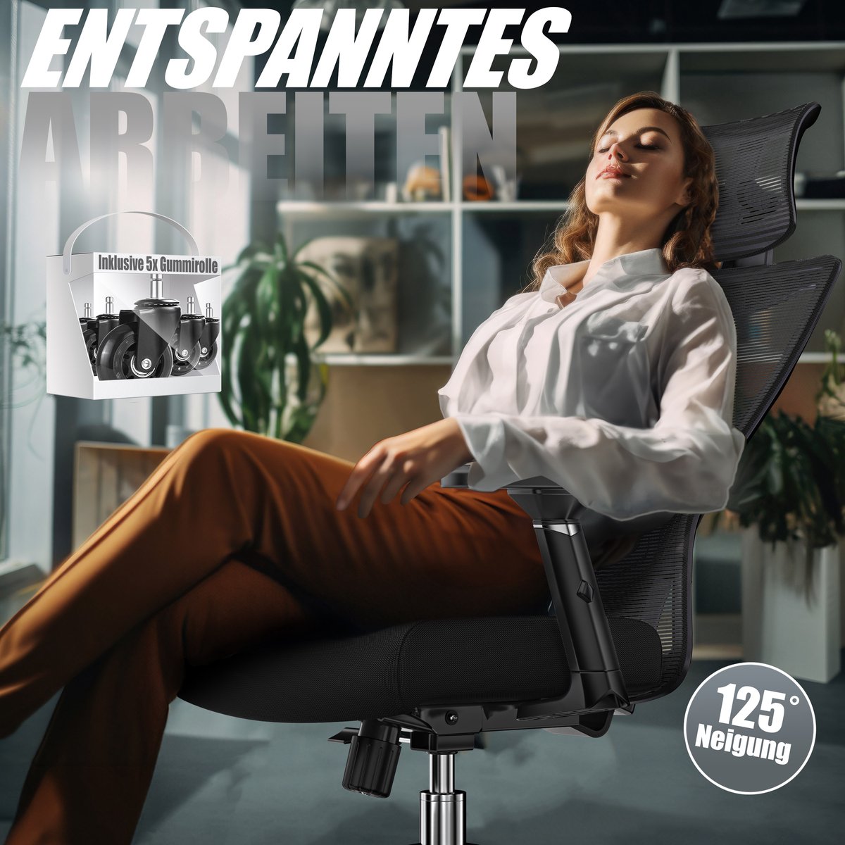 KESSER® Bureaustoel | Ergonomische Bureaustoelen voor Volwassenen | verstelbare rugleuning | in hoogte verstelbaar | Hoofdsteun & Lendensteun | office Chair met 5x rubberen wielen - Zwart / Zilver