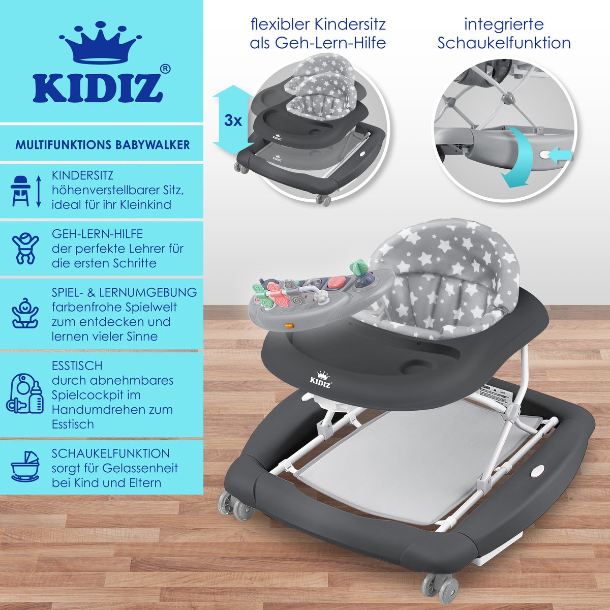 KIDIZ® 4in1 Baby walker - Loopstoel - Loopwagen - Opvouwbaar - Grijs