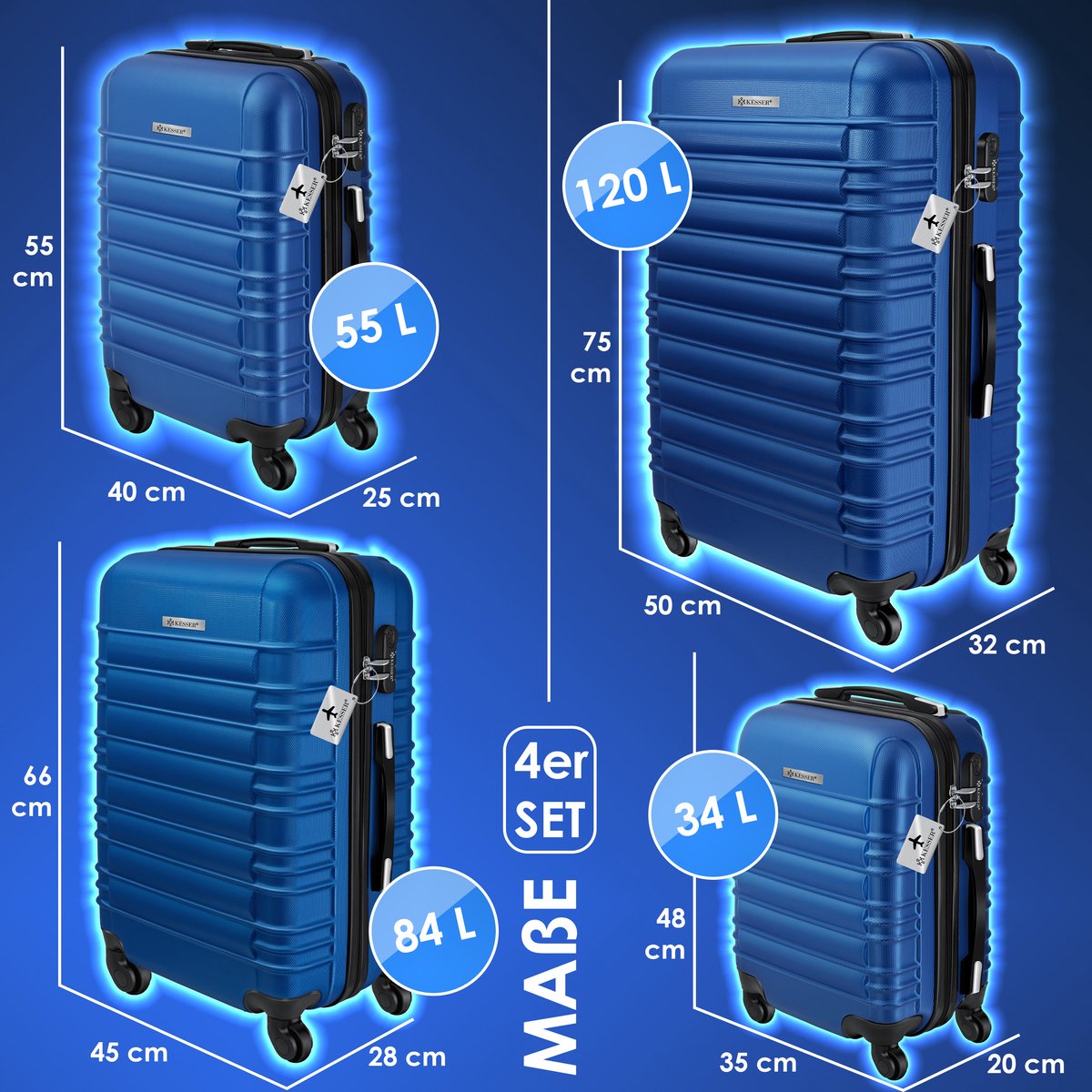 KESSER® Reiskofferset - 4-delig - ABS- Kofferset - Blauw