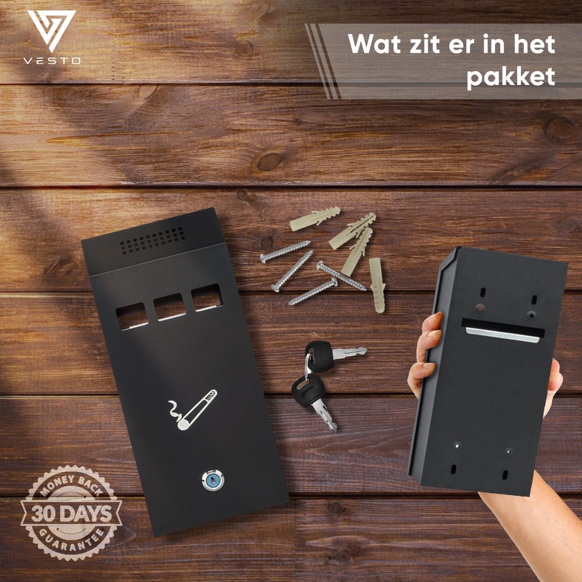 Vesto® Wandasbak - Asbak voor buiten – Rookpaal – Buitenasbak – Grote Asbak – Muurasbak – Stormasbak – Peukenzuil - Ideaal voor Terras & Bedrijf •