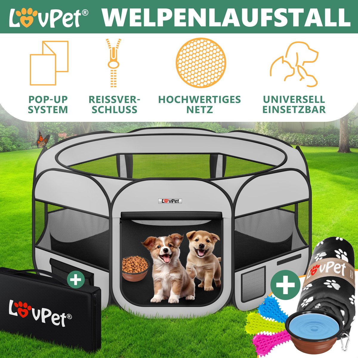 LOVPET® Puppyren voor Kleine Dieren Honden Katten - Opvouwbaar Hondenren inclusief kom en Haringen - Puppy Ren Pop-up Systeem Indoor & Outdoor Konijnenren - Lichtgrijs