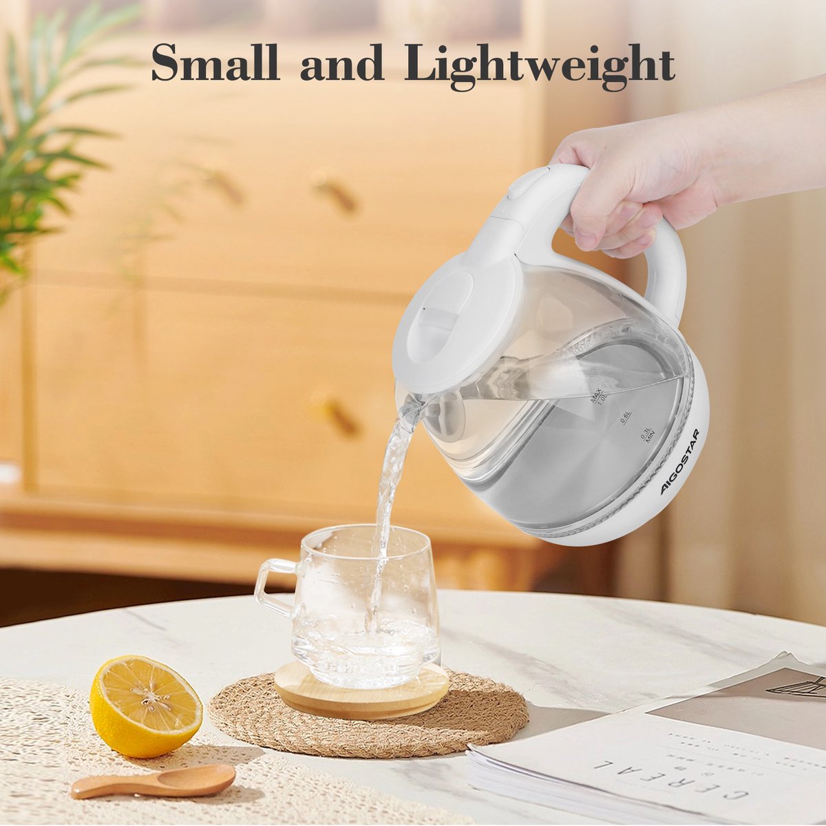 Waterkoker glas - met LED - 1L - 2200W - Wit - Aigostar