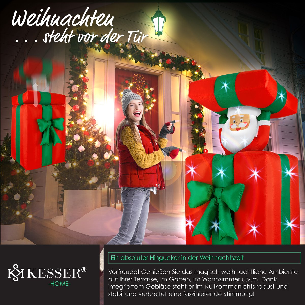 KESSER® Opblaasbare Kerstman pop LED Kerstverlichting - Cadeau Kerstman 152cm Lang Springt-uit-de-Doos Kerstmis LED Verlicht Deco incl. Bevestigingsmateriaal Kerstdecoratie Kerstversiering - 152cm