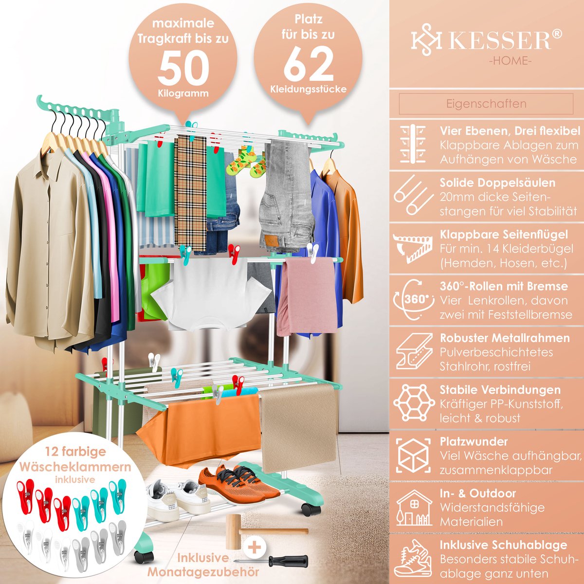 KESSER® Droogrek inklapbaar - Wasrek - Wit / Mintgroen