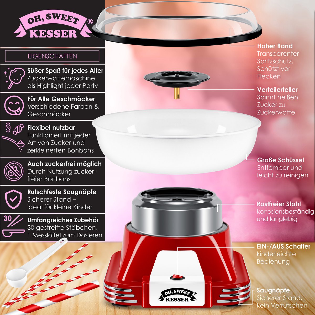 KESSER® Suikerspinmachine - Retro - 500W - Rood/Wit •