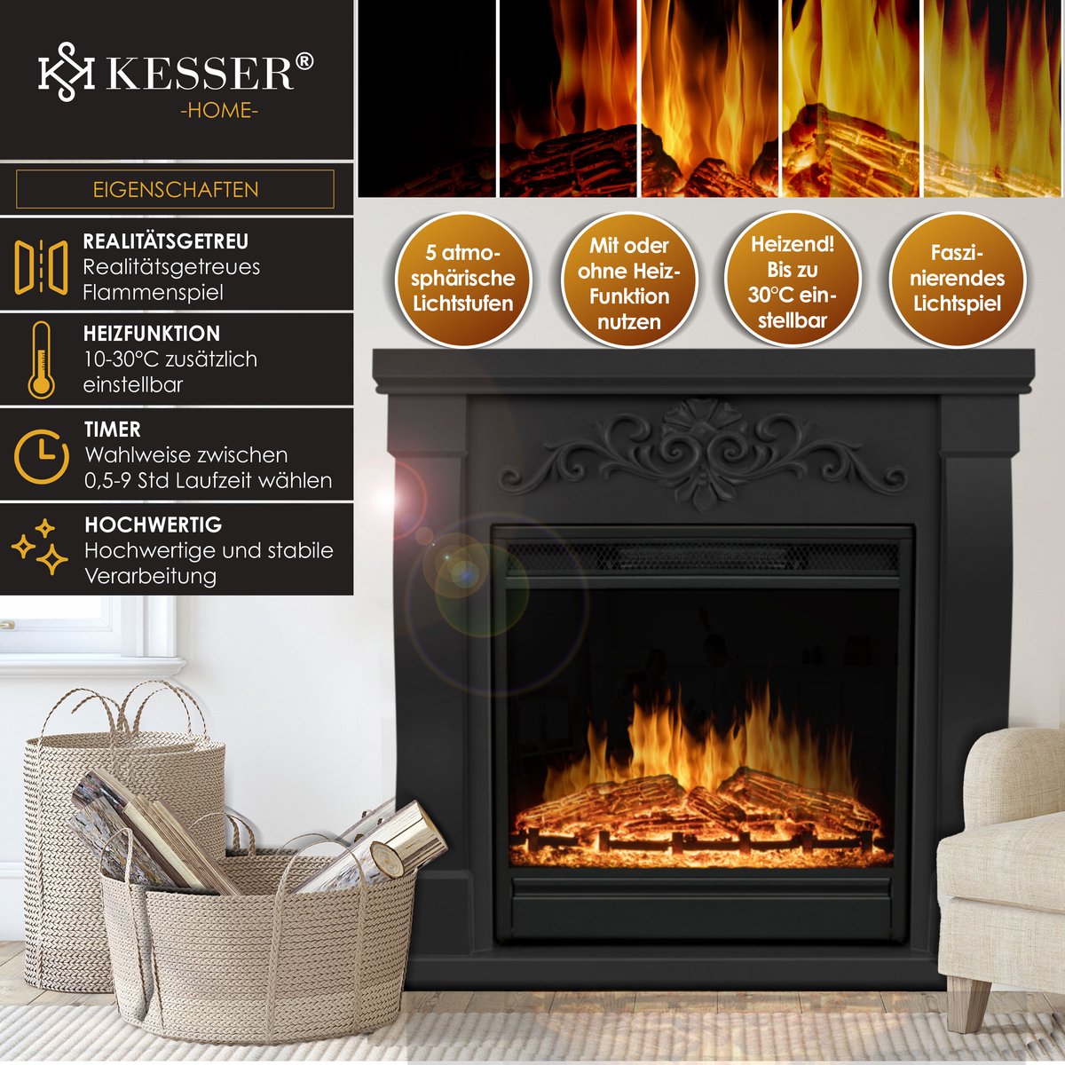 KESSER® Sfeerhaard Elektrisch Haard 1800W met LED Vlammen Dimbaar - Electrische Kachel met Timer & Afstandsbediening - Elektrische Verwarming met Thermostaat - Villa Zwart