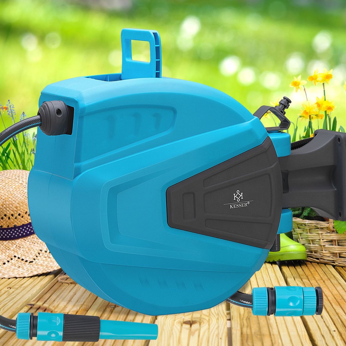 KESSER® Tuinslanghaspel Automatische Wandslangenbox inclusief 30 meter Tuinslang en Muurbevestiging - Blauw