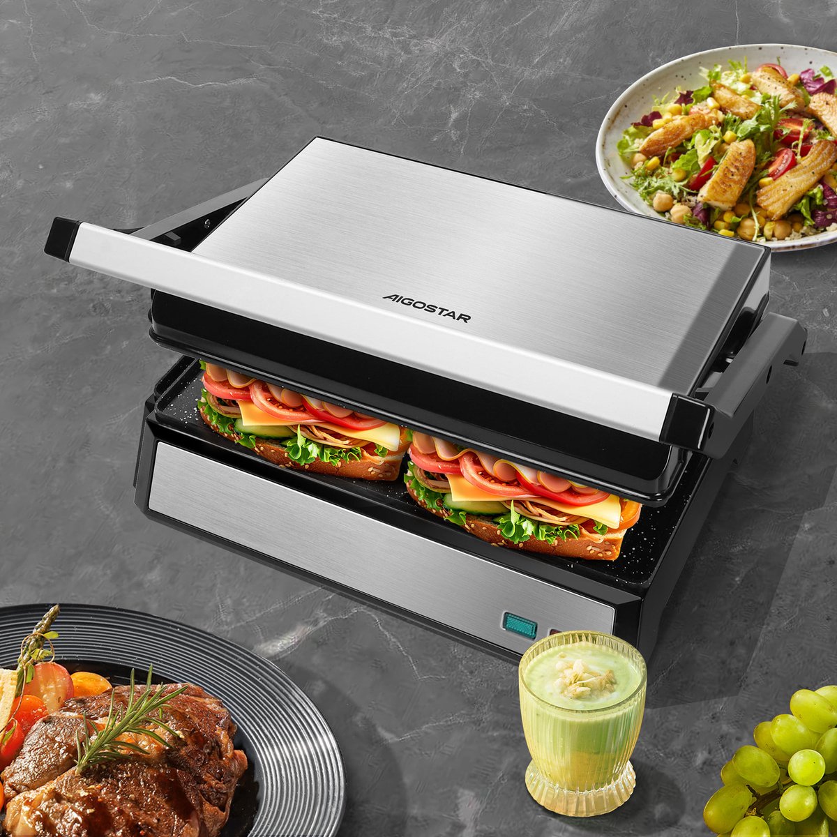 Aigostar Contactgrill - Panini Grill - 1500W - RVS/Zwart