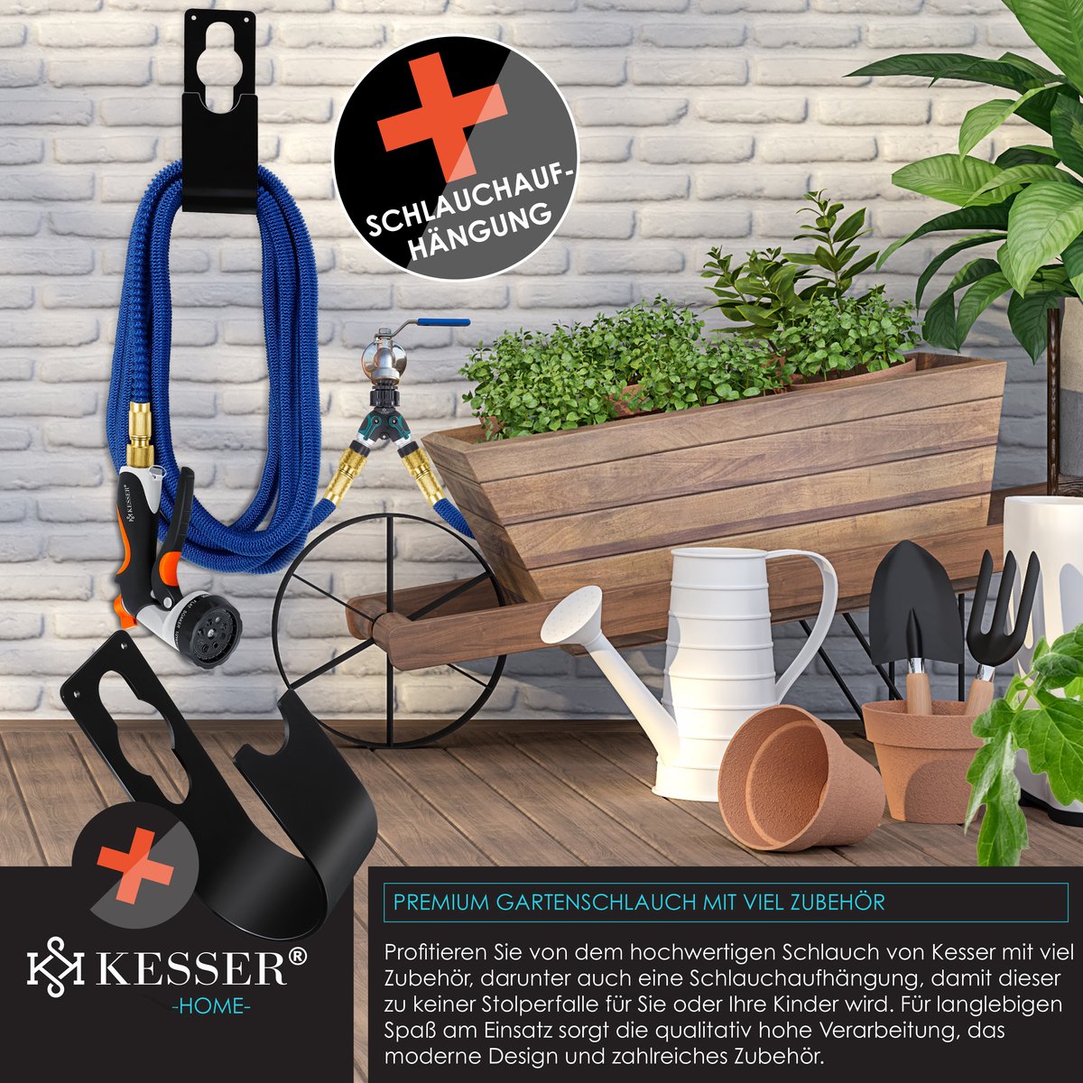 KESSER® Premium Tuinslang flexibel 22,5 meter - uitrekbare Tuinslang inclusief aansluitingen, Ophanghaak en Sproeikop - Blauw