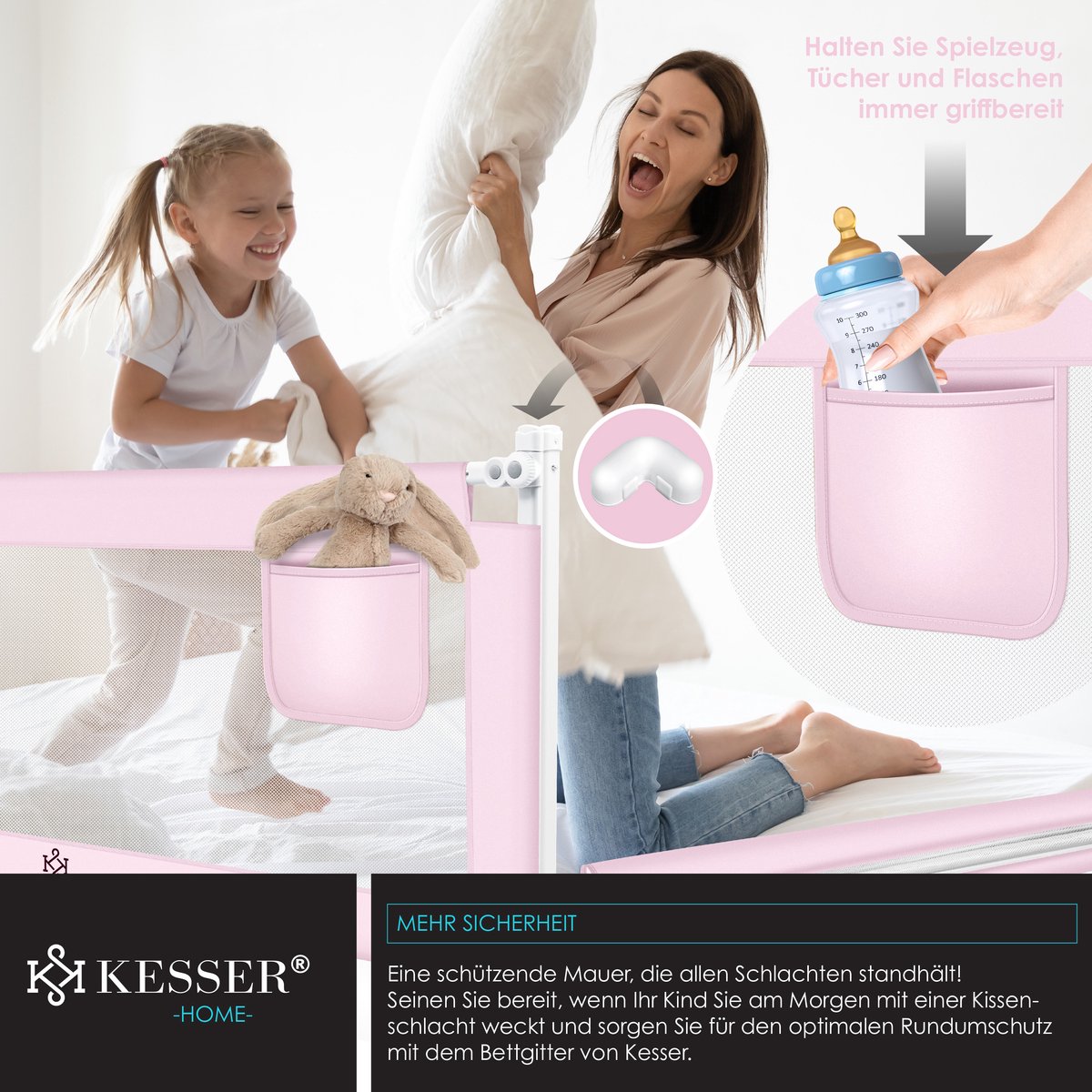 KESSER® bedhekje - Bedhek Kinderbedhek voor kinderen Baby bedhek Valbeveiligingsbed voor Bed & boxspring - 180cm, Roze