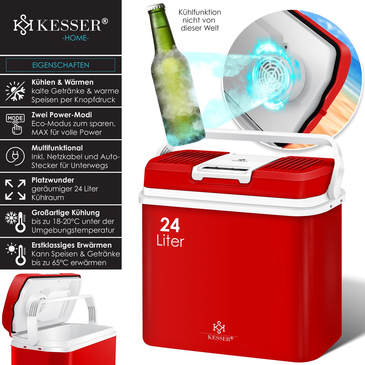 KESSER® Thermo-Elektrische Koelbox – 24L – 12V/230V – Rood •