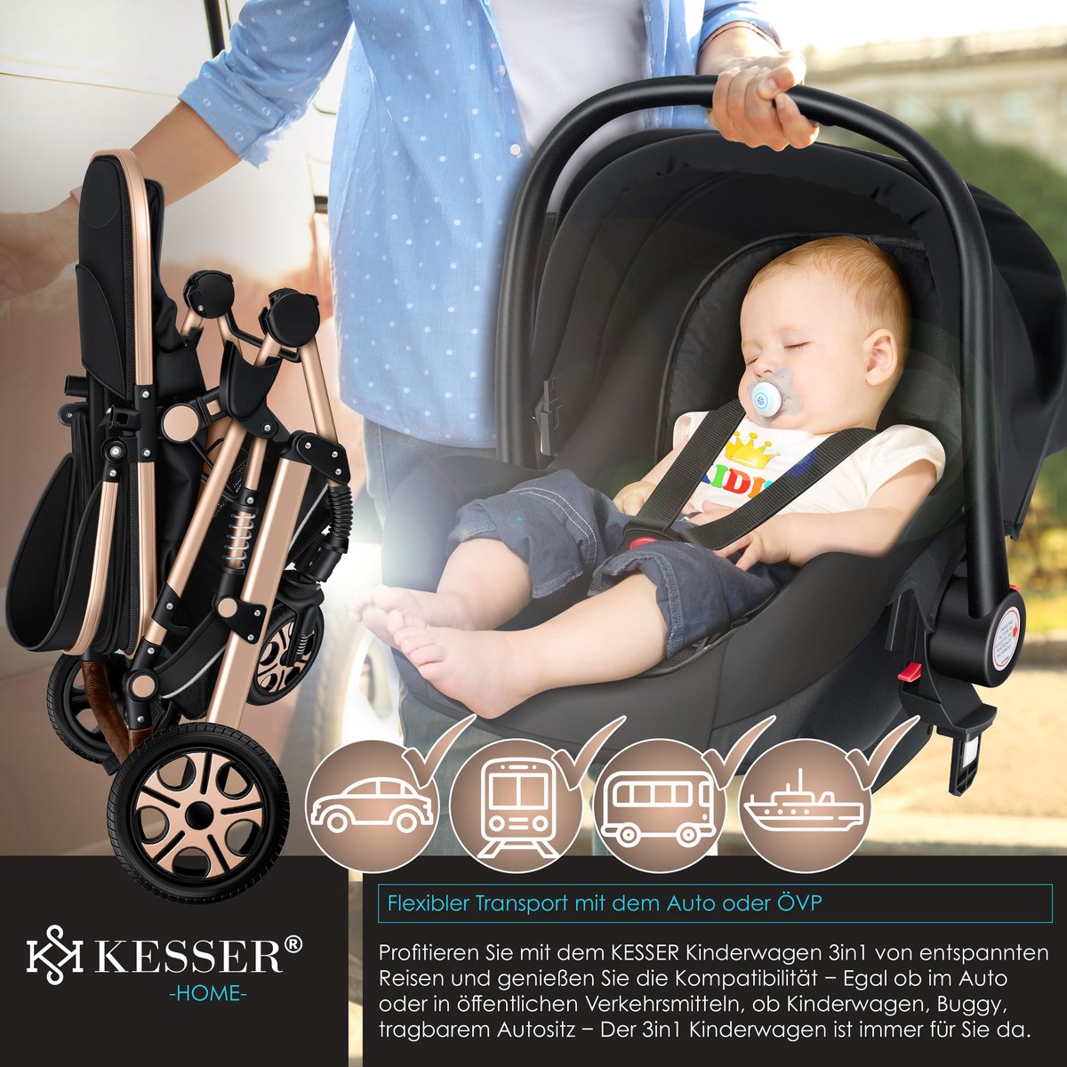 Kinderwagen 3 in 1 - Buggy - Wandelwagen - Kinderbuggy - Champagne - KESSER®