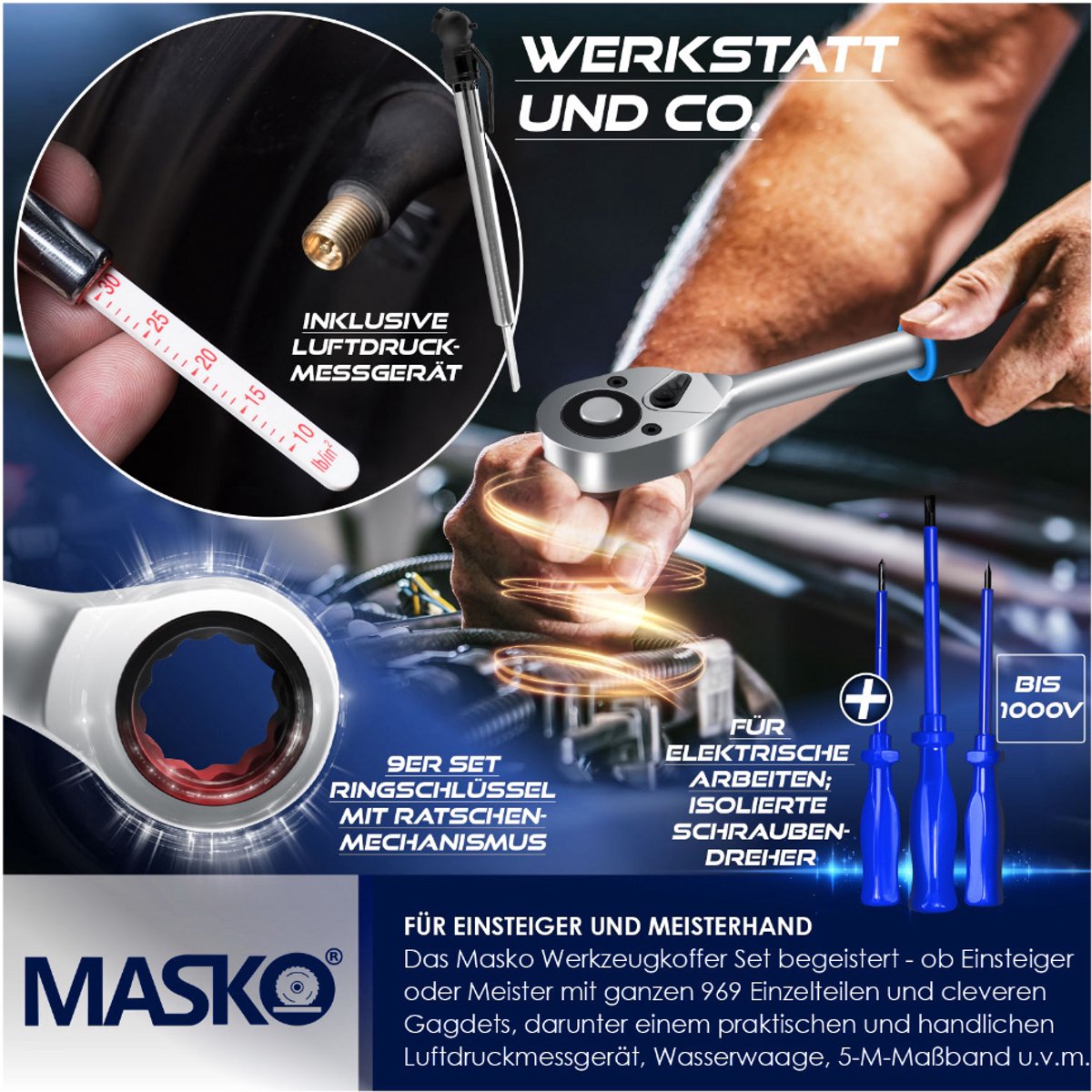 MASKO® 969 delige gereedschapskoffer - Gereedschapswagen - Blauw