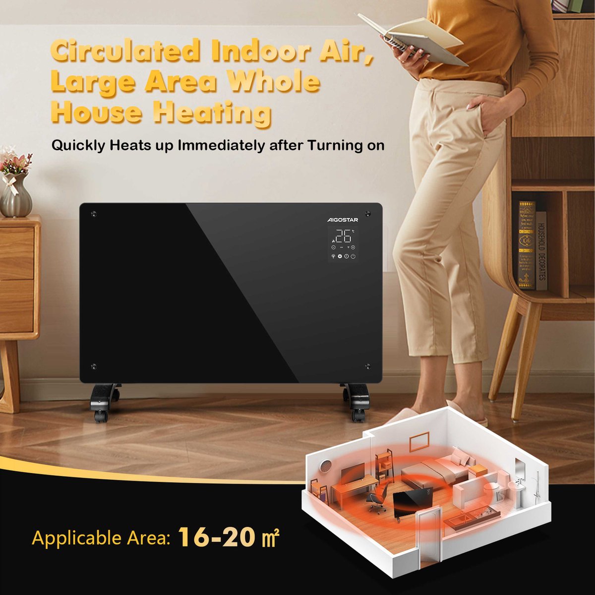 Aigostar Helen Smart 33HP0 - Elektrische Kachel - Convectorkachel met thermostaat en Afstandsbediening - Paneelverwarming - tot 20 m² - 1000/2000W - Zwart •