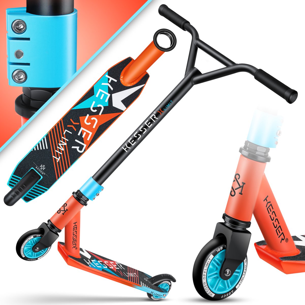 KESSER® X-Limit Stuntstep voor Volwassenen en Kinderen - Step Opvouwbaar en Verstelbaar in Hoogte - Kinderstep met PU Wielen - Rood / Lichtblauw