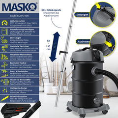 MASKO® Industriële stofzuiger 2300W - Droog- & Natzuigen - Antraciet •