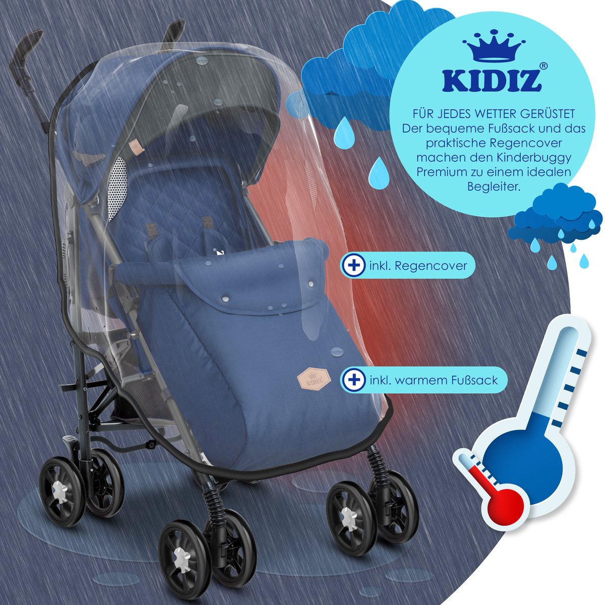 KIDIZ® Kinderwagen / Wandelwagen City-Pro Buggy Kinderbuggy Opvouwbaar Liggende wandelwagen Kinderwagen Opvouwbaar 360° 6-inch wielen Incl. muggennet, voetenzak en regenhoes Opvouwbaar Slaapfunctie - Marineblauw / Zwart
