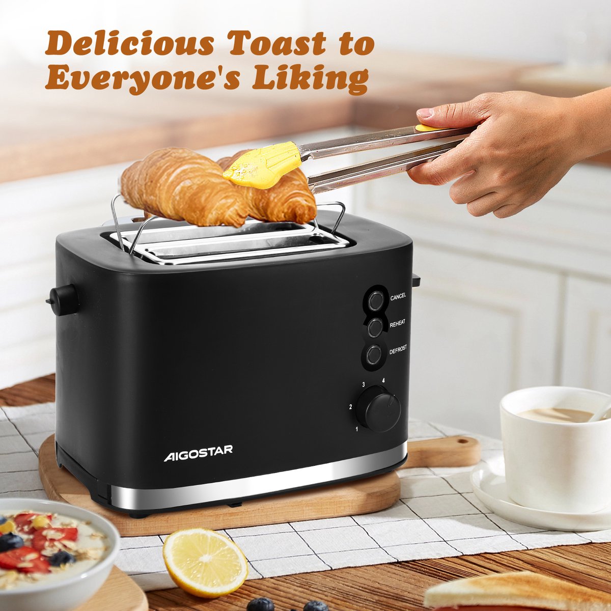 Aigostar 30J4R - Broodrooster - Retro - Toaster - 6 Warmteniveaus - 2 Extra Brede Sleuven - 800W - Zwart