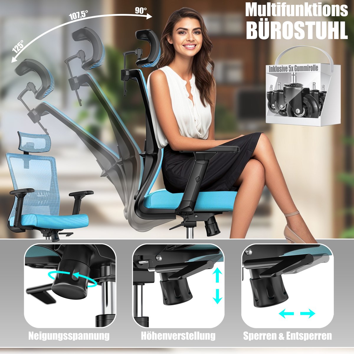 KESSER® Ergonomische Bureaustoel - Gamestoel - Office Chair - Blauw •