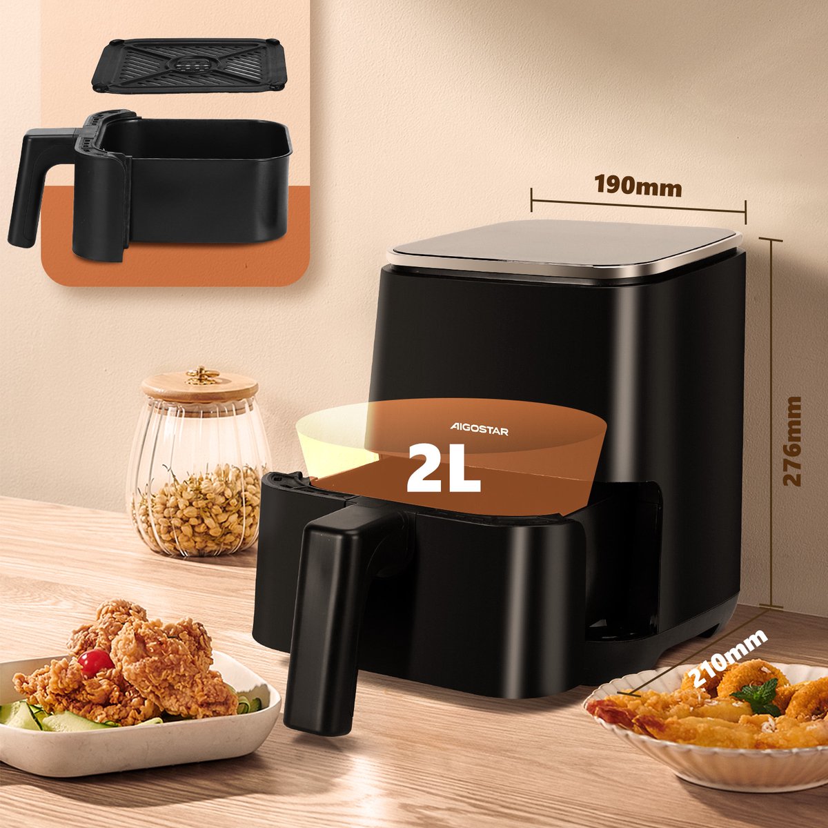 Aigostar Airfryer - Heteluchtfriteuse - 2L - 1200W - Zwart •