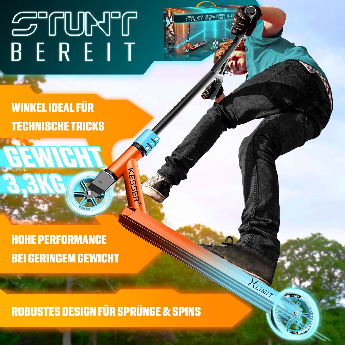 KESSER® X-Limit Stuntstep voor Volwassenen en Kinderen - Step Opvouwbaar en Verstelbaar in Hoogte - Kinderstep met PU Wielen - Rood / Lichtblauw