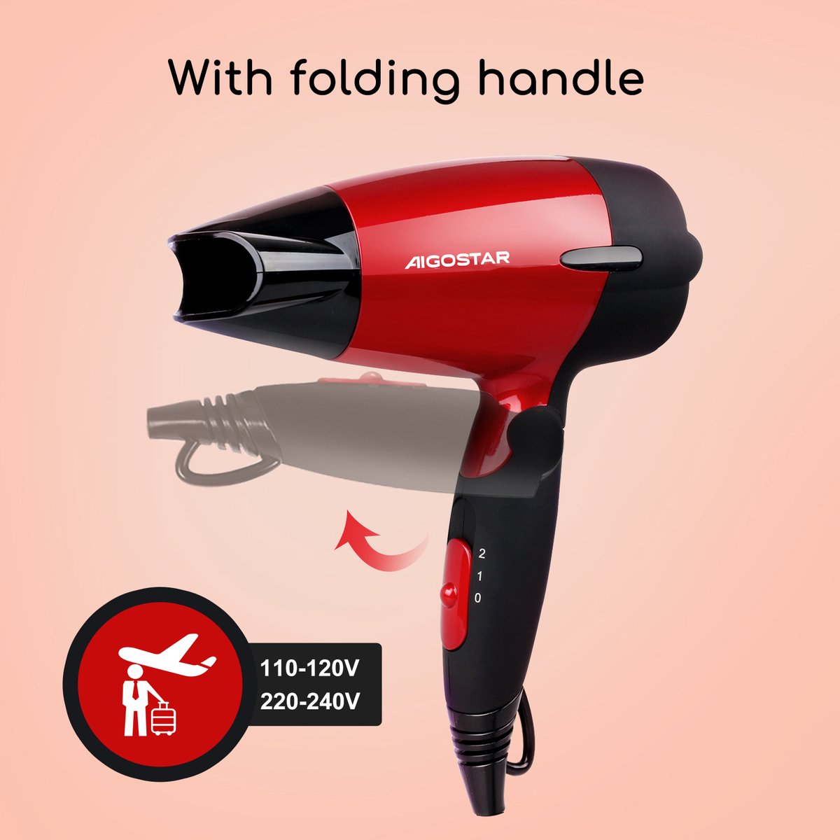 Fohn - Haardroger - Inklapbare Föhn - 1400W - Rood - Aigostar