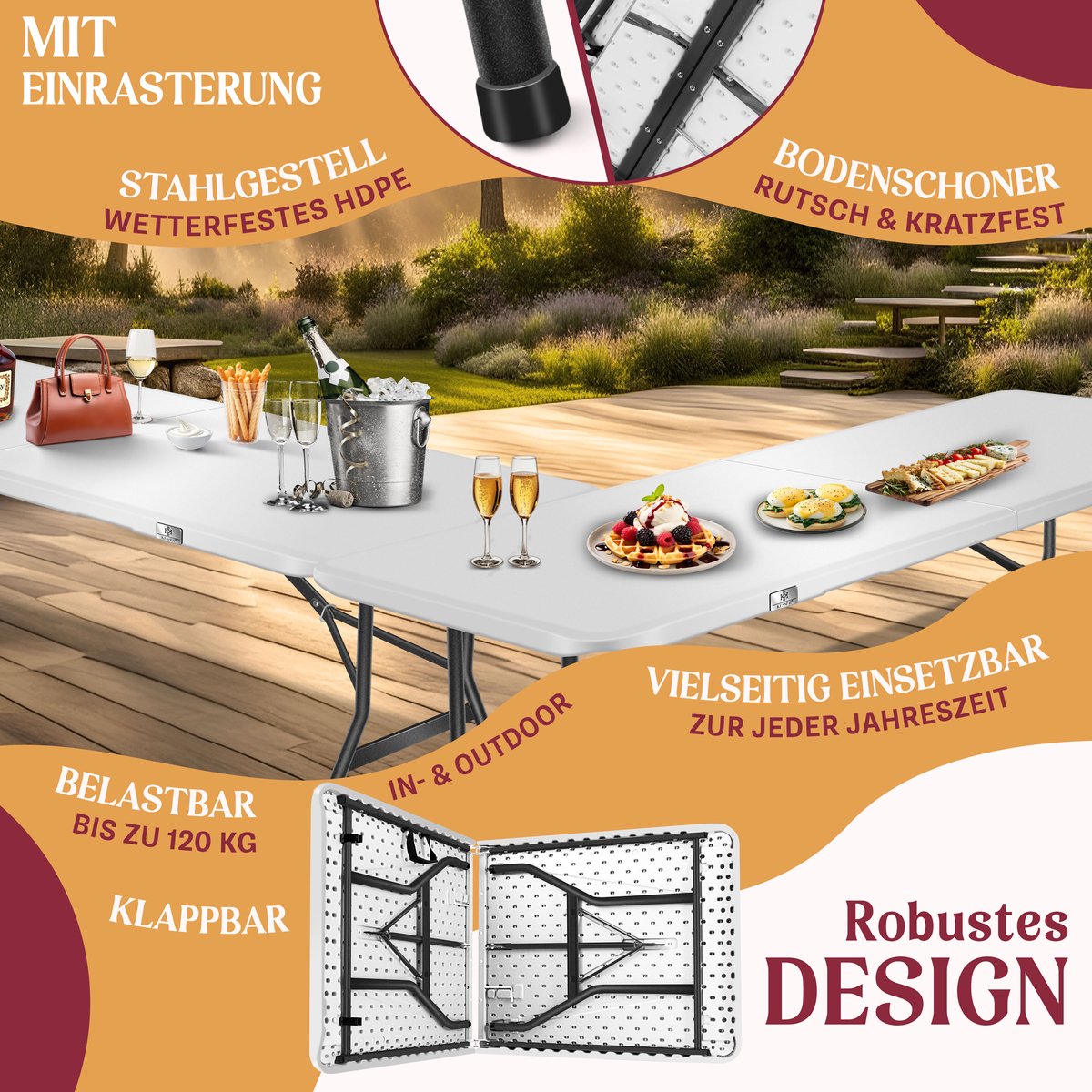 KESSER® Inklapbare Tafel - Campingtafel - Klaptafel - 183x76cm - Wit
