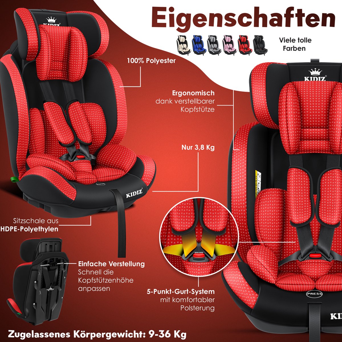 KIDIZ® Autostoeltje - 5-punts veiligheidsgordel - Rood