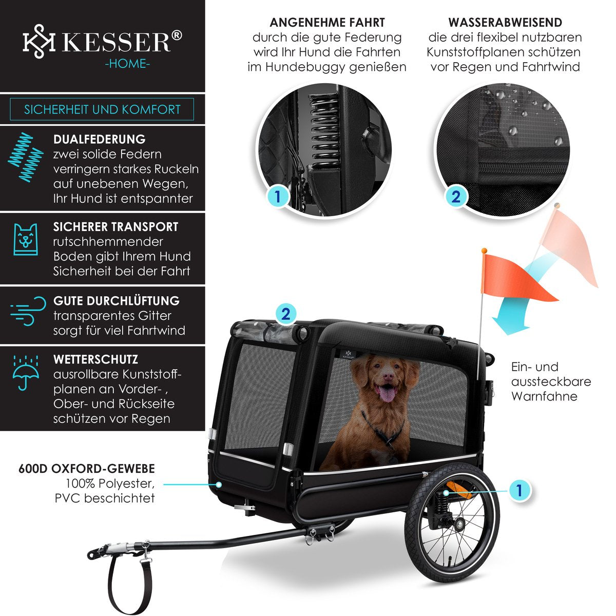 KESSER® Hondenfietskar tot 40 kg 3in1 Hondenbuggy - Fietskar Hond Jogger - Zwart