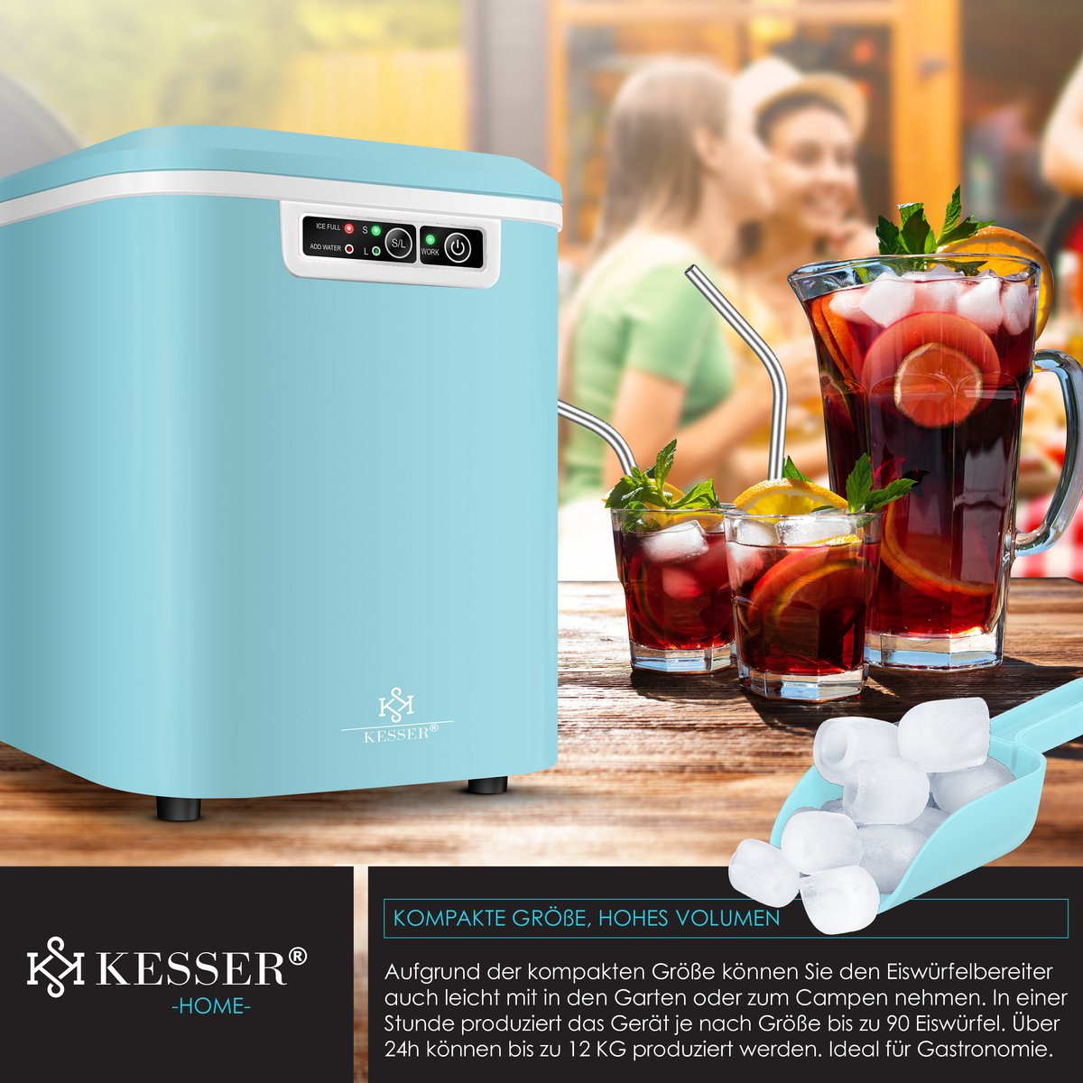 KESSER® Ijsblokjesmaker - Ijsblokjesmachine -12kg/24 uur - RVS - Blauw •