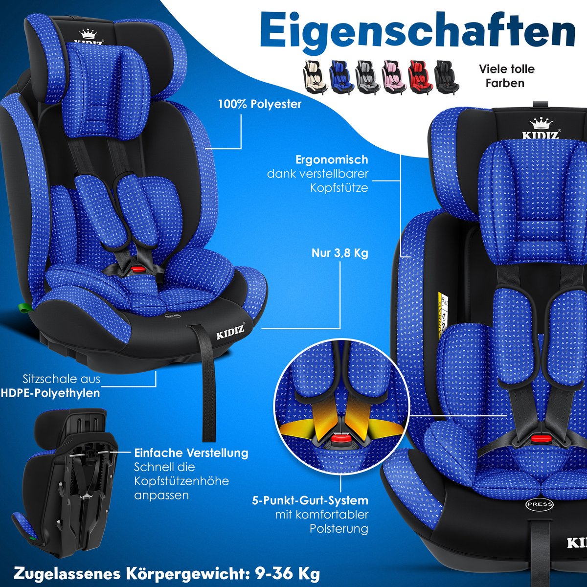 KIDIZ® Autostoeltje - 5-punts veiligheidsgordel - Blauw